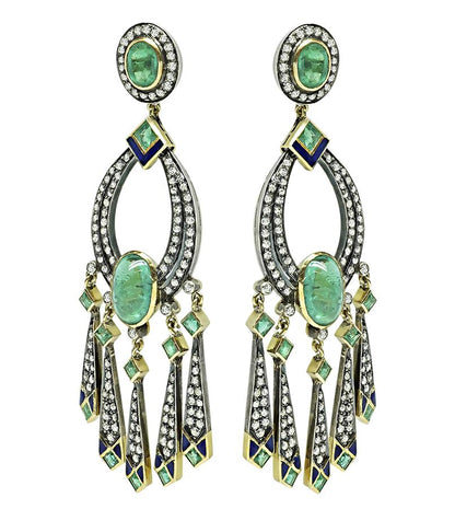 Vintage 7.00ct Emerald 3.00ct Diamond Chandelier Earrings
