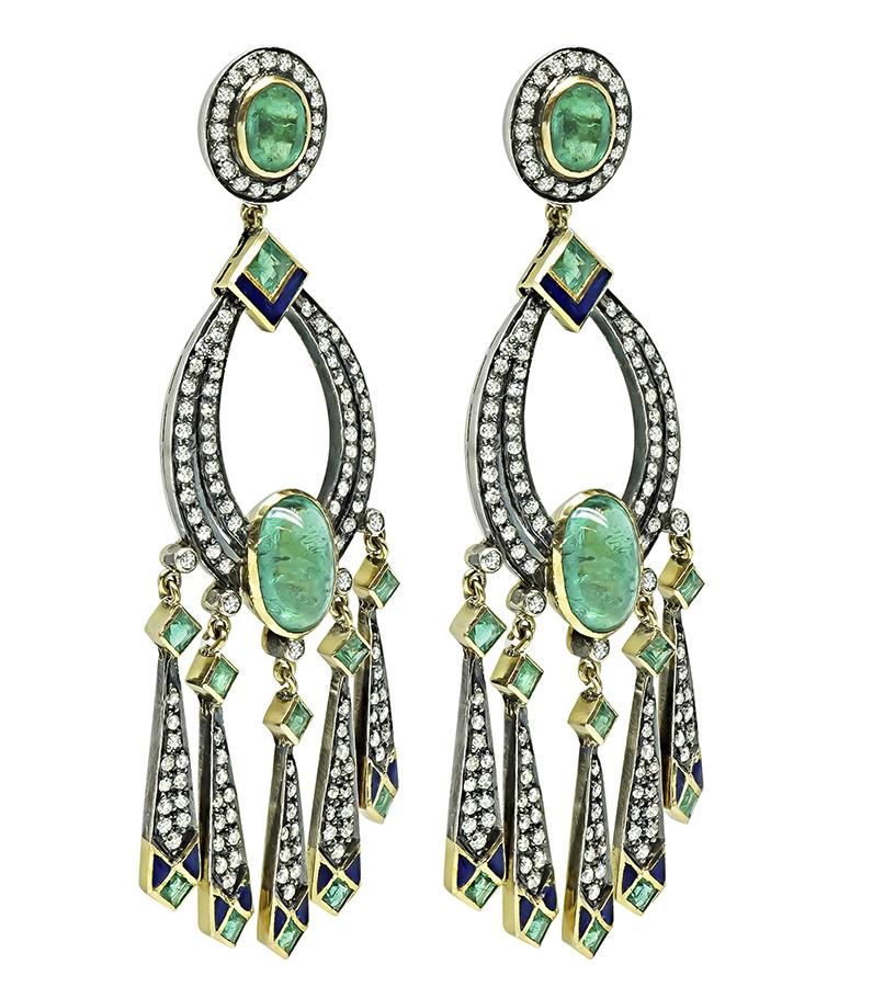 Vintage 7.00ct Emerald 3.00ct Diamond Chandelier Earrings