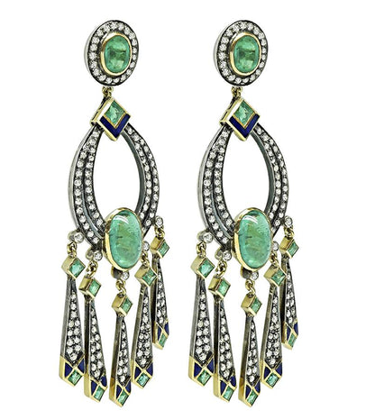 Vintage 7.00ct Emerald 3.00ct Diamond Chandelier Earrings