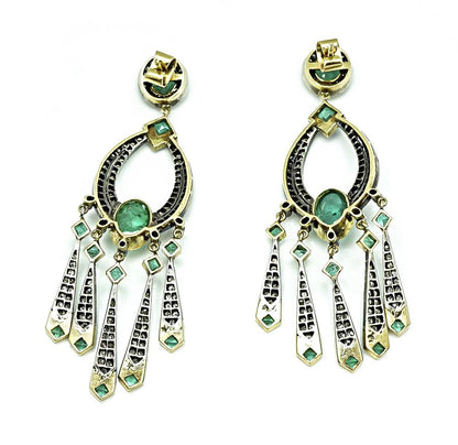 Vintage 7.00ct Emerald 3.00ct Diamond Chandelier Earrings