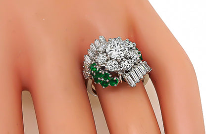 Estate 0.80ct Center Diamond 1.10ct Side Diamond 0.70ct Emerald Cocktail Ring