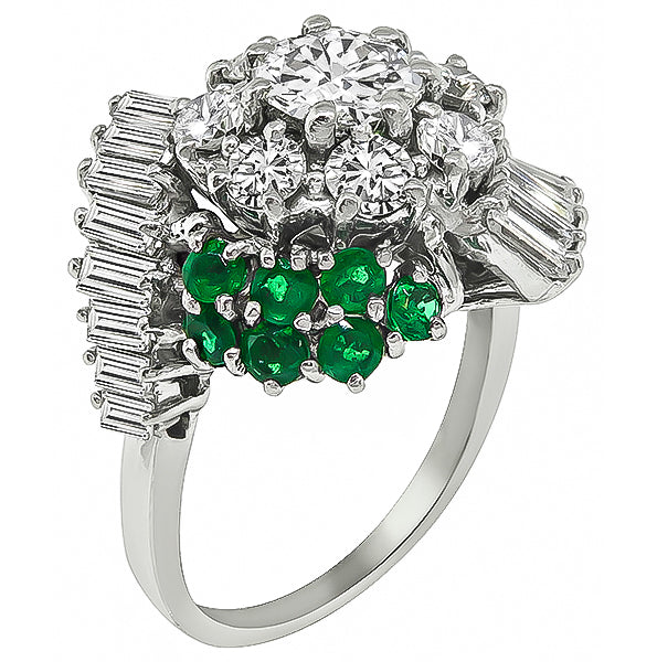 Estate 0.80ct Center Diamond 1.10ct Side Diamond 0.70ct Emerald Cocktail Ring