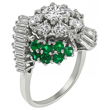 Estate 0.80ct Center Diamond 1.10ct Side Diamond 0.70ct Emerald Cocktail Ring