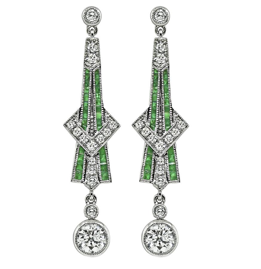 Art Deco Style 1.73cttw Diamond 0.65ct Emerald Drop Earrings