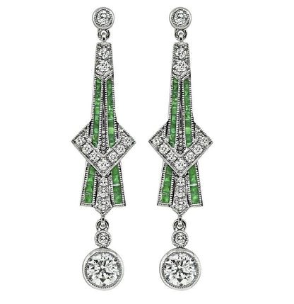 Art Deco Style 1.73cttw Diamond 0.65ct Emerald Drop Earrings