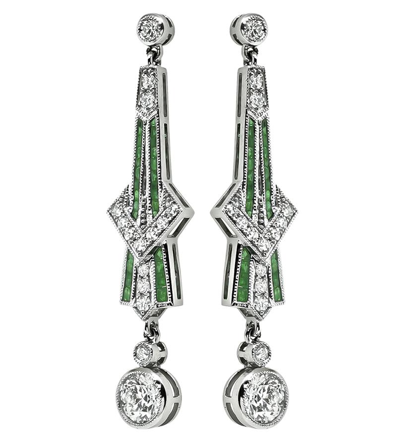 Art Deco Style 1.73cttw Diamond 0.65ct Emerald Drop Earrings