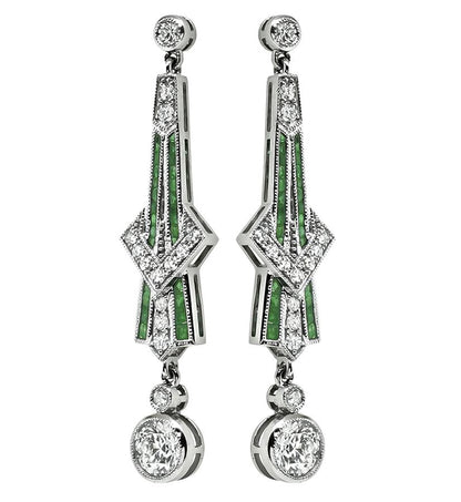Art Deco Style 1.73cttw Diamond 0.65ct Emerald Drop Earrings