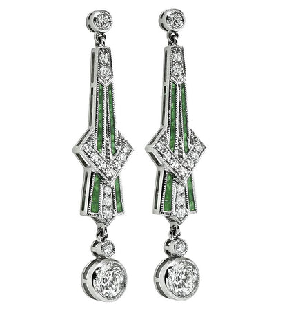 Art Deco Style 1.73cttw Diamond 0.65ct Emerald Drop Earrings