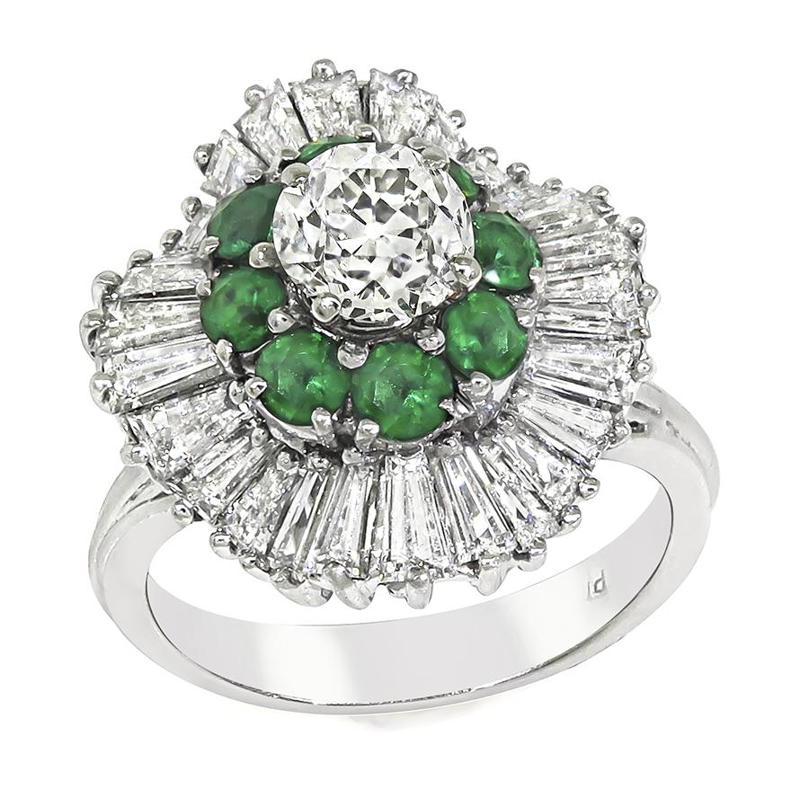 Estate 0.80ct Center Diamond 1.00ct Side Diamond Emerald Platinum Ring