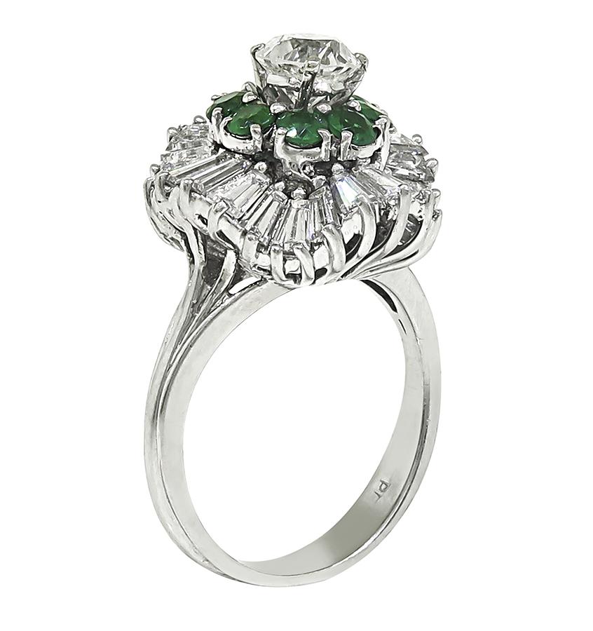 Estate 0.80ct Center Diamond 1.00ct Side Diamond Emerald Platinum Ring