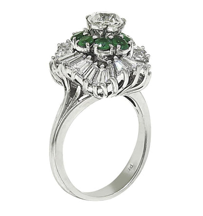 Estate 0.80ct Center Diamond 1.00ct Side Diamond Emerald Platinum Ring
