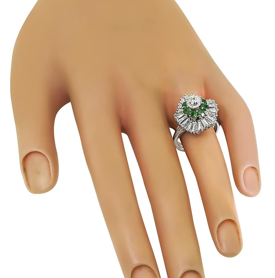 Estate 0.80ct Center Diamond 1.00ct Side Diamond Emerald Platinum Ring