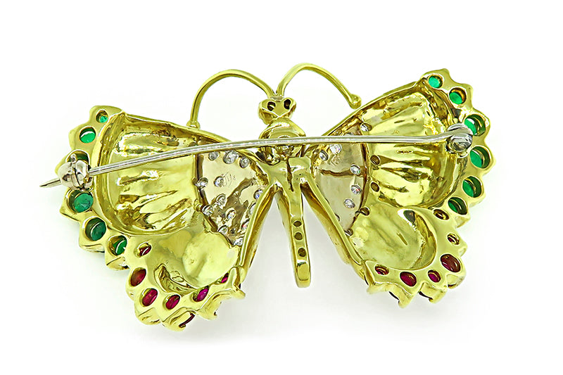 Estate 1.00ct Diamond 1.50ct Emerald 0.80ct Ruby Gold Butterfly Pin