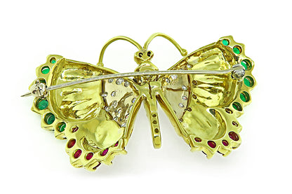 Estate 1.00ct Diamond 1.50ct Emerald 0.80ct Ruby Gold Butterfly Pin