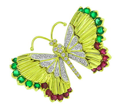 Estate 1.00ct Diamond 1.50ct Emerald 0.80ct Ruby Gold Butterfly Pin