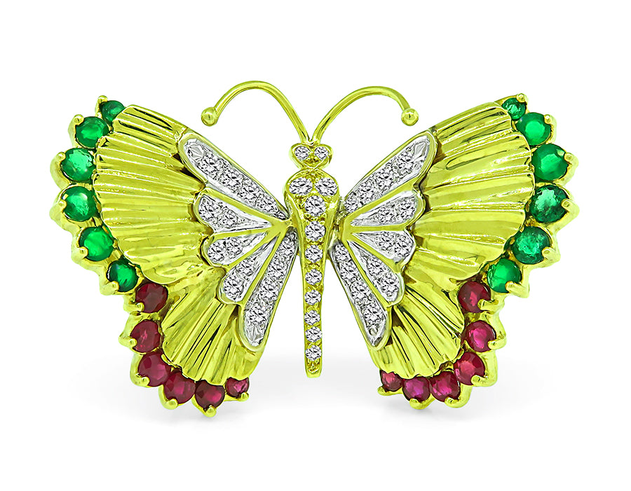 Estate 1.00ct Diamond 1.50ct Emerald 0.80ct Ruby Gold Butterfly Pin