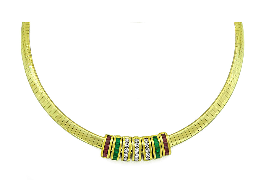 1.05ct Round Cut Diamond 1.60ct Multi Color Gems Gold Omega Necklace