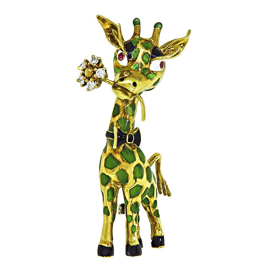 Estate Diamond Enamel 18k Yellow Gold Giraffe Pin