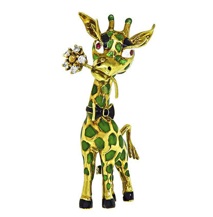 Estate Diamond Enamel 18k Yellow Gold Giraffe Pin