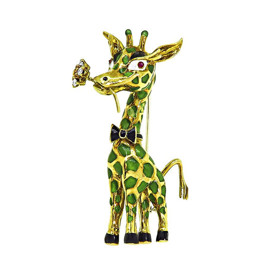 Estate Diamond Enamel 18k Yellow Gold Giraffe Pin