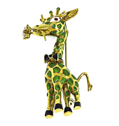 Estate Diamond Enamel 18k Yellow Gold Giraffe Pin