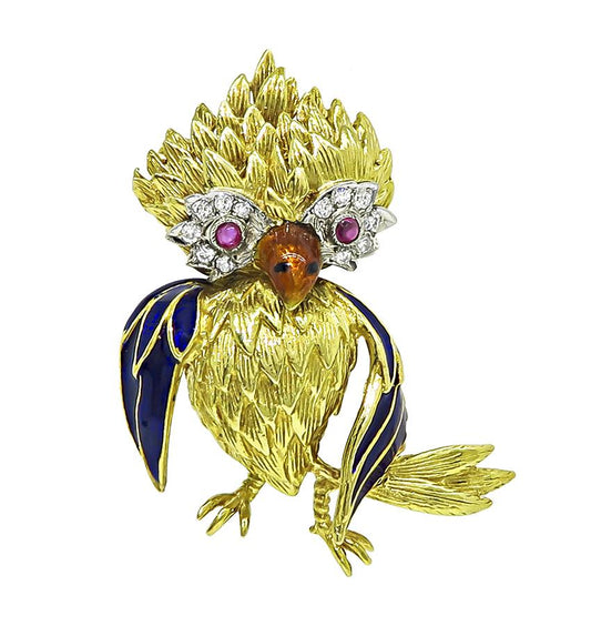 Estate Diamond Ruby Enamel 18k Yellow and White Gold Bird Pin