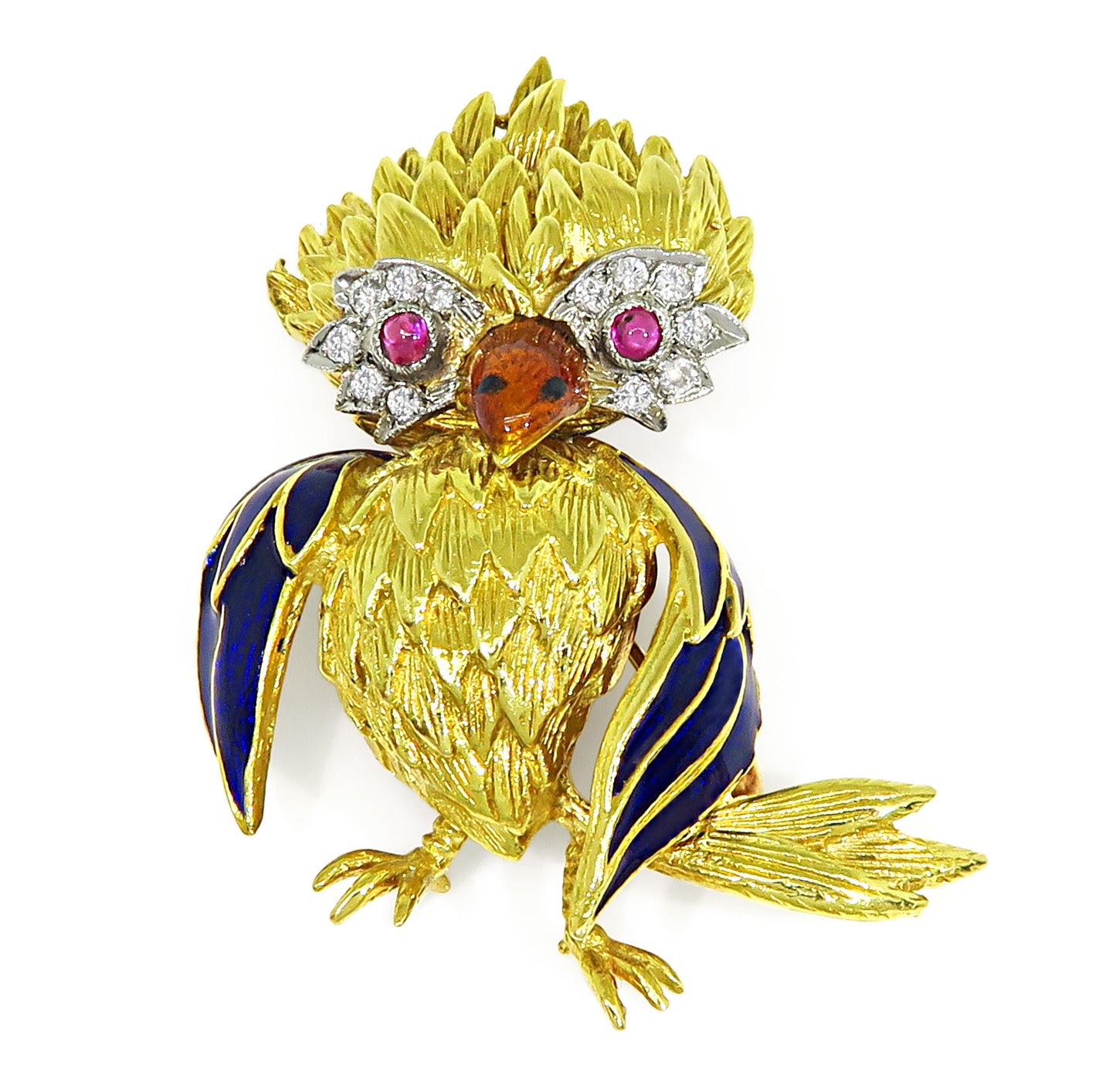Estate Diamond Ruby Enamel 18k Yellow and White Gold Bird Pin