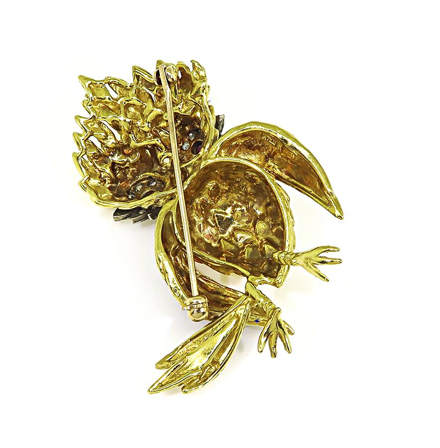 Estate Diamond Ruby Enamel 18k Yellow and White Gold Bird Pin
