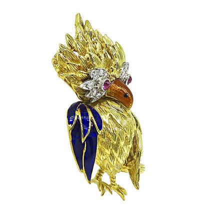 Estate Diamond Ruby Enamel 18k Yellow and White Gold Bird Pin