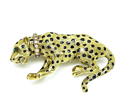 Estate Diamond Enamel Gold Panther Pin