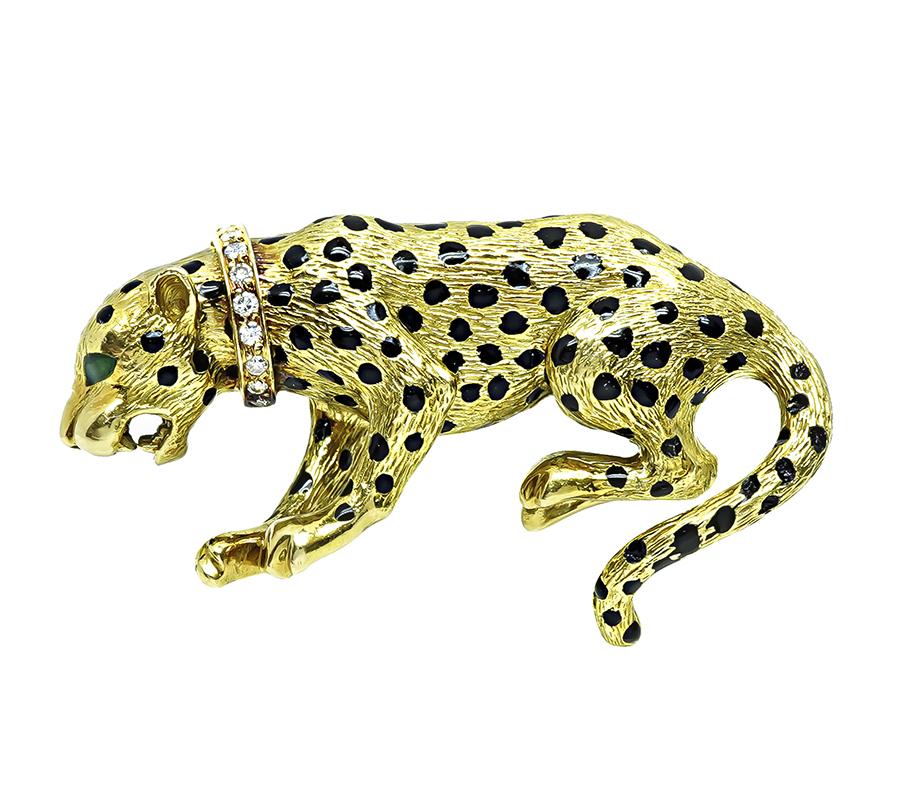 Estate Diamond Enamel Gold Panther Pin
