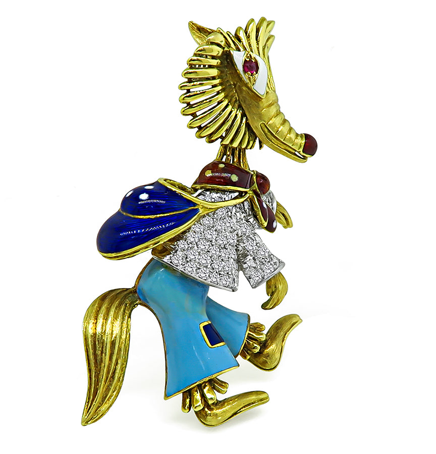 Estate 1.35ct Diamond Enamel Gold Pin