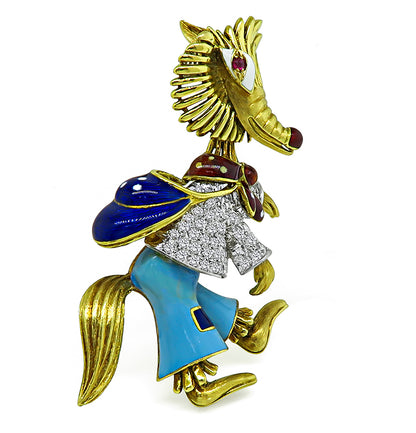 Estate 1.35ct Diamond Enamel Gold Pin