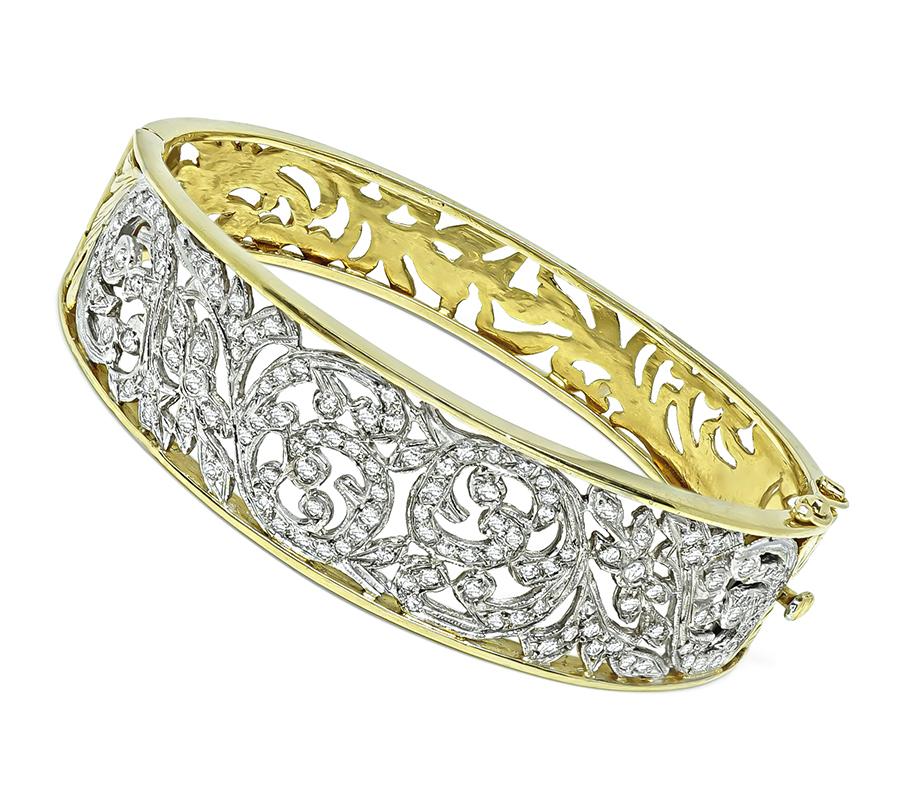 1960s 2.50ct Diamond 14k Yellow and White Gold Bangle