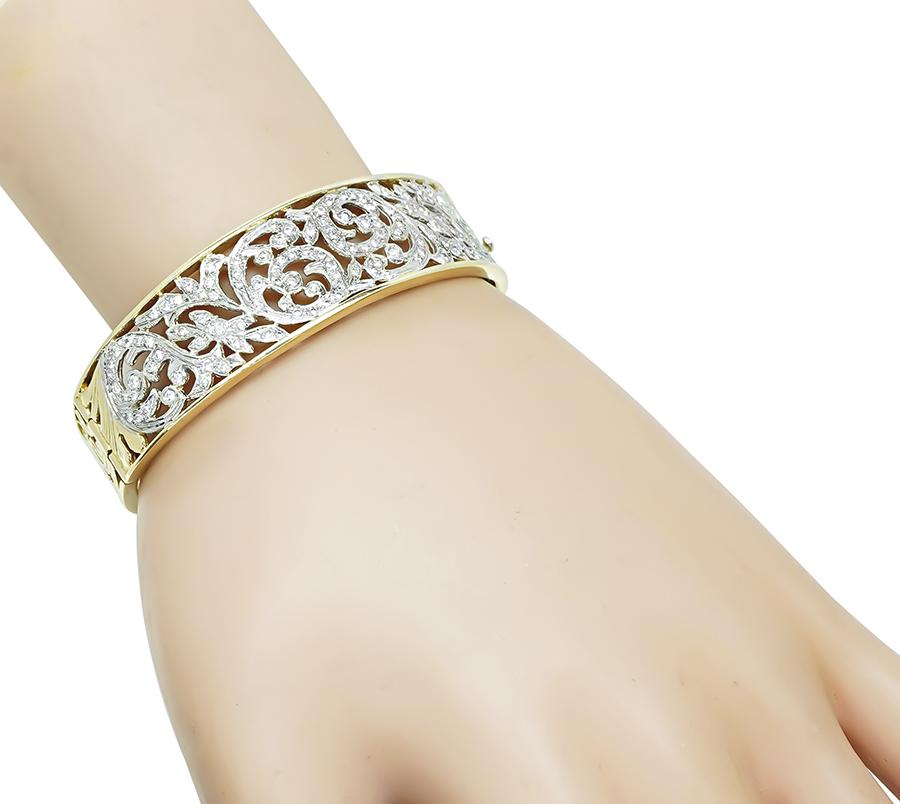 1960s 2.50ct Diamond 14k Yellow and White Gold Bangle