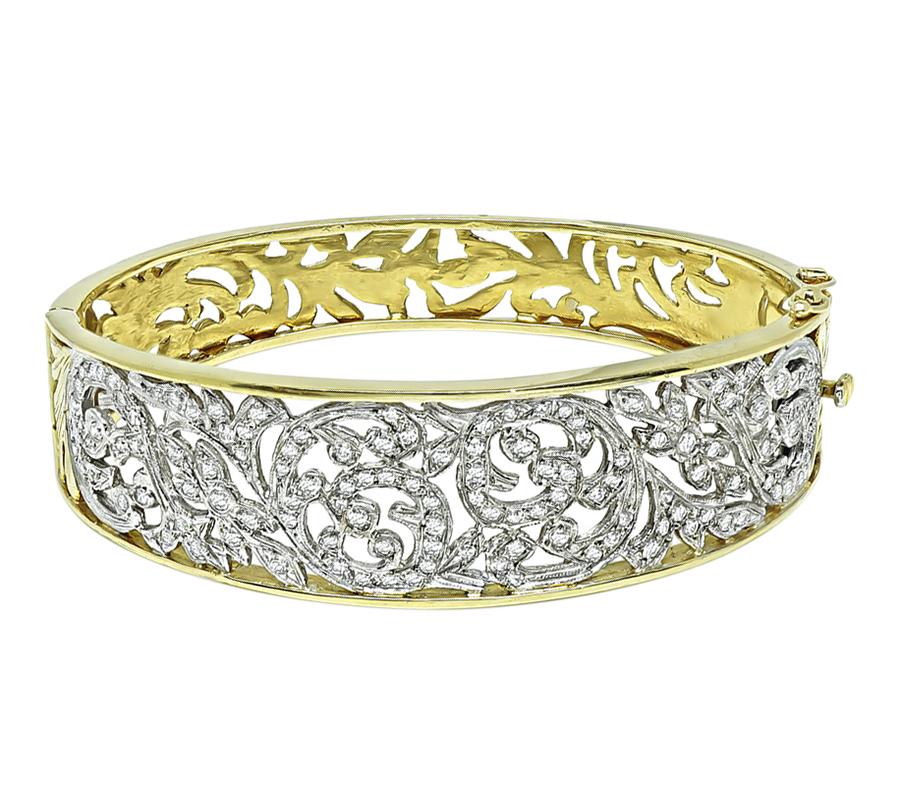 1960s 2.50ct Diamond 14k Yellow and White Gold Bangle