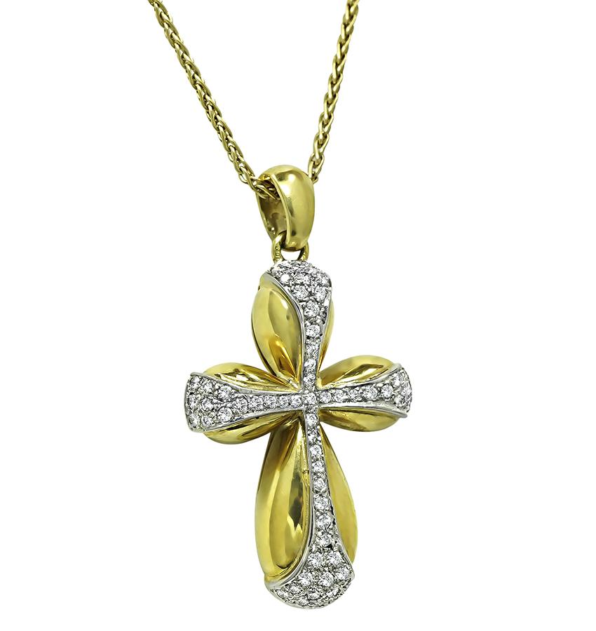 Estate 1.00ct Diamond Gold Cross Pendant Necklace