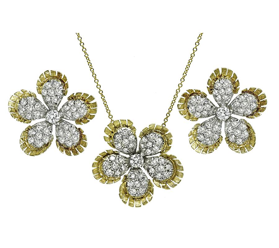 Estate 2.70ct Diamond Two Tone Gold Flower Necklace and Earrings Set