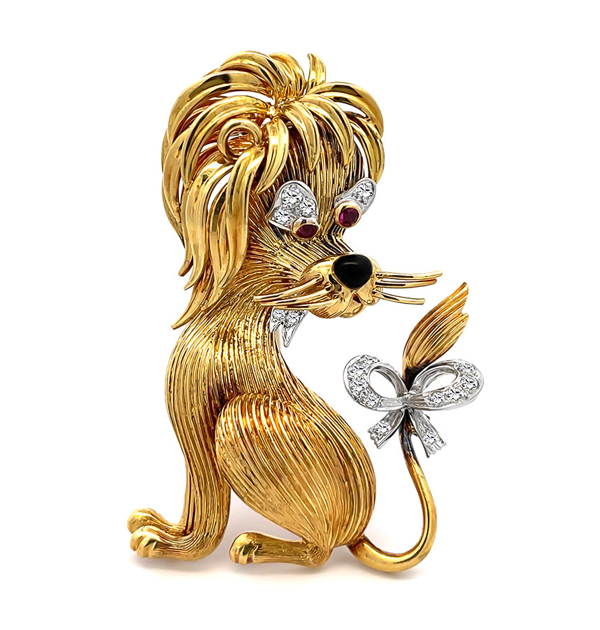 Estate Diamond Ruby Onyx Gold Lion Pin