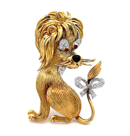 Estate Diamond Ruby Onyx Gold Lion Pin