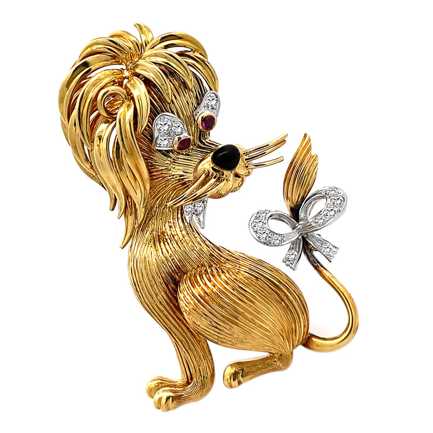 Estate Diamond Ruby Onyx Gold Lion Pin