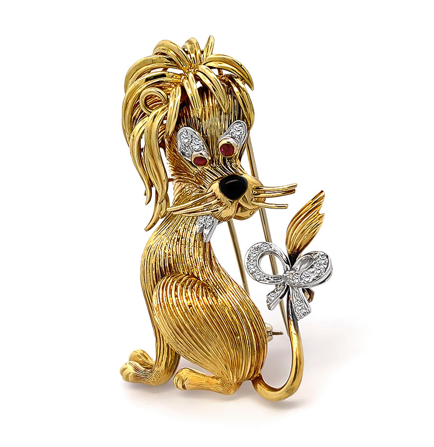 Estate Diamond Ruby Onyx Gold Lion Pin