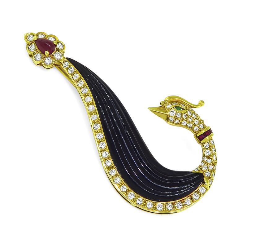 Estate 1.51ct Diamond 0.68ct Ruby Onyx 18k Yellow Gold Peacock Pin