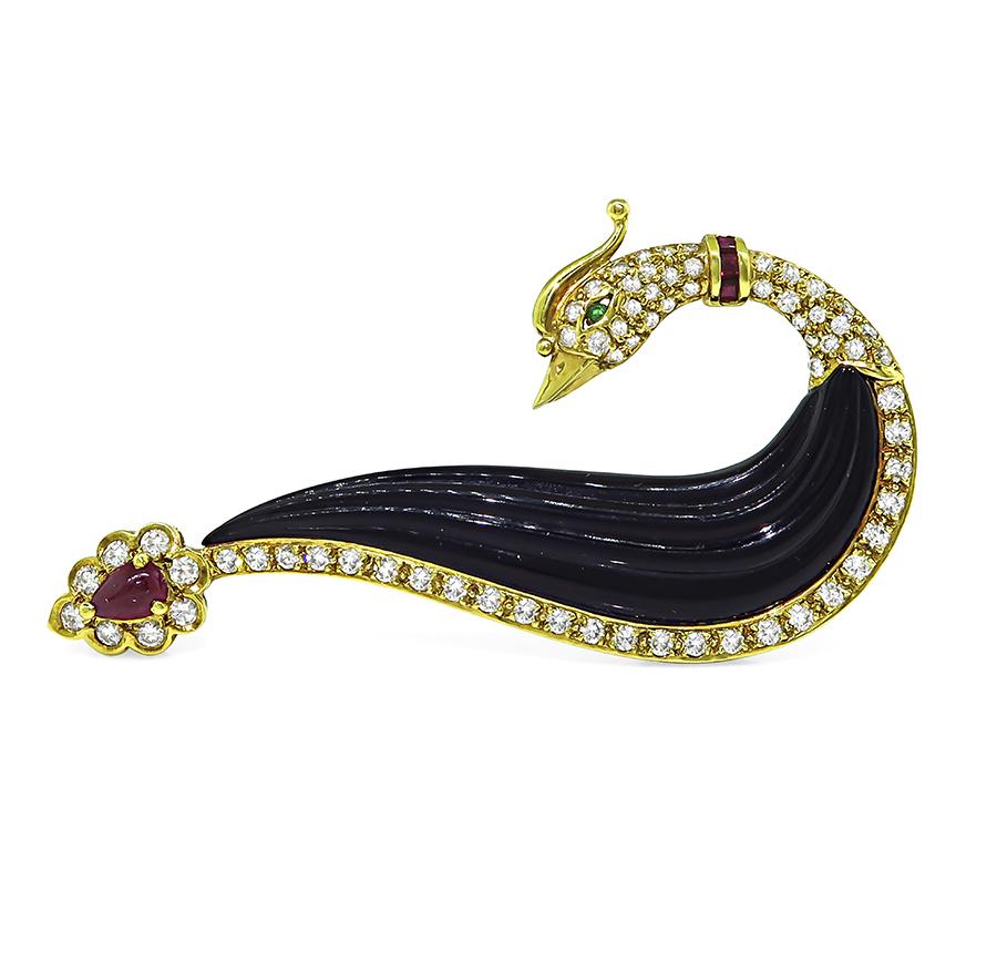 Estate 1.51ct Diamond 0.68ct Ruby Onyx 18k Yellow Gold Peacock Pin