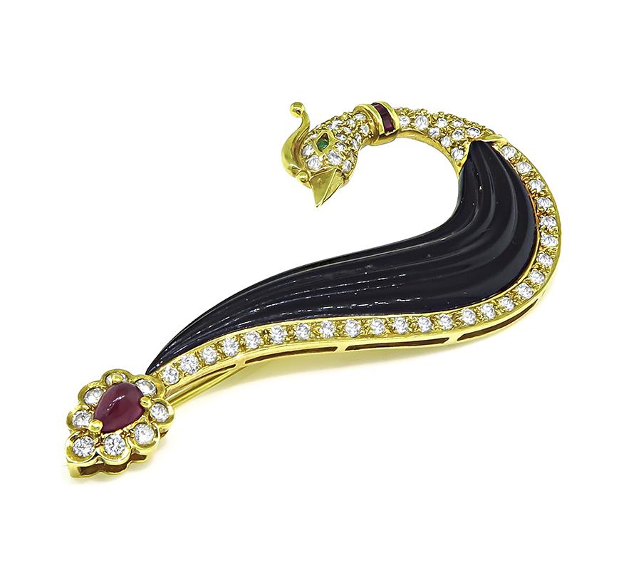Estate 1.51ct Diamond 0.68ct Ruby Onyx 18k Yellow Gold Peacock Pin