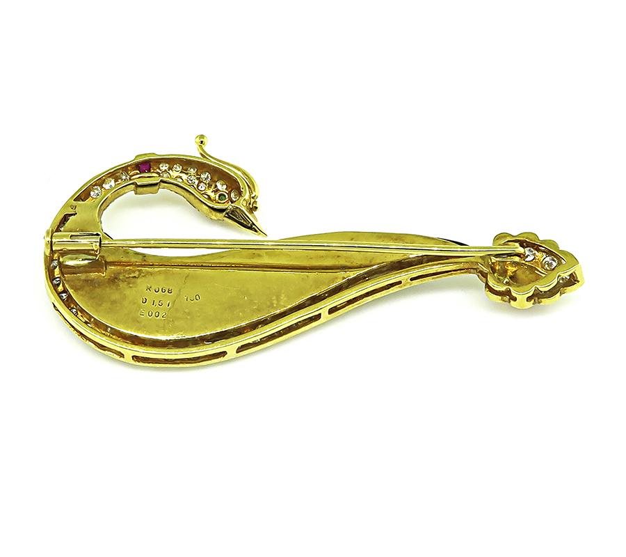 Estate 1.51ct Diamond 0.68ct Ruby Onyx 18k Yellow Gold Peacock Pin