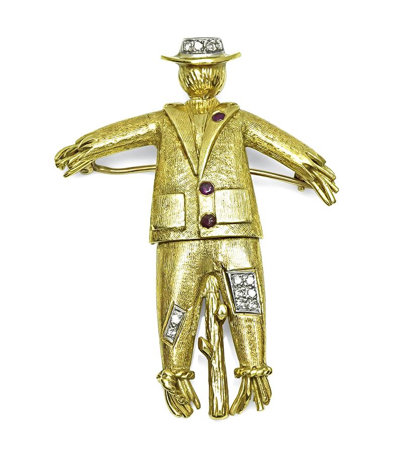 Estate Diamond Ruby Gold Scarecrow Pin / Pendant