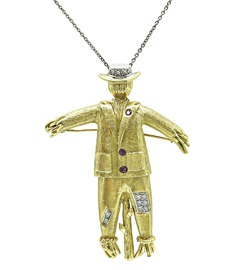 Estate Diamond Ruby Gold Scarecrow Pin / Pendant