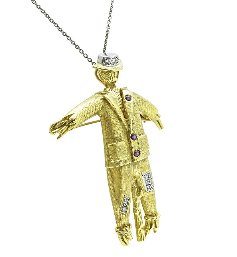 Estate Diamond Ruby Gold Scarecrow Pin / Pendant