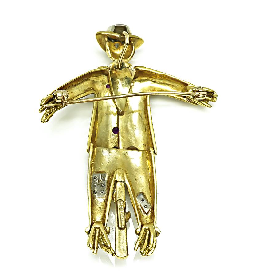 Estate Diamond Ruby Gold Scarecrow Pin / Pendant